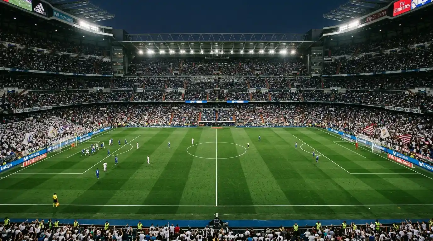 Dos porterías de fútbol en un estadio de LaLiga con balones entrando en ambas redes simultáneamente