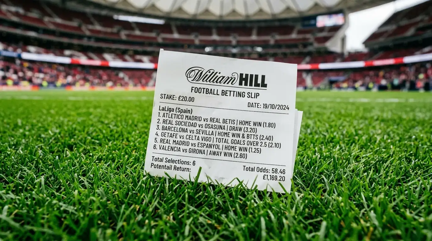 Boleto de apuestas múltiples sobre césped de campo de fútbol español con varios partidos de LaLiga seleccionados