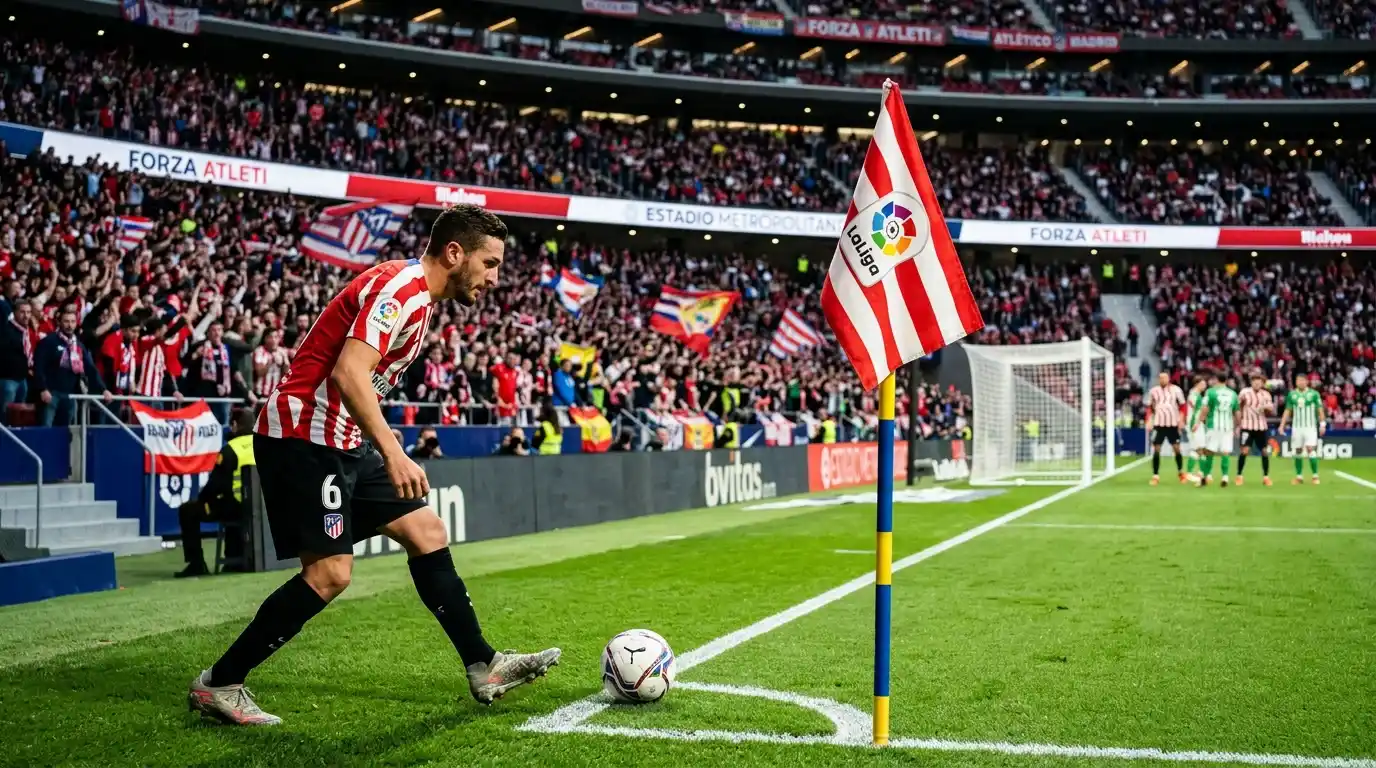 Jugador de fútbol ejecutando un saque de esquina en un estadio de LaLiga con el banderín de corner visible