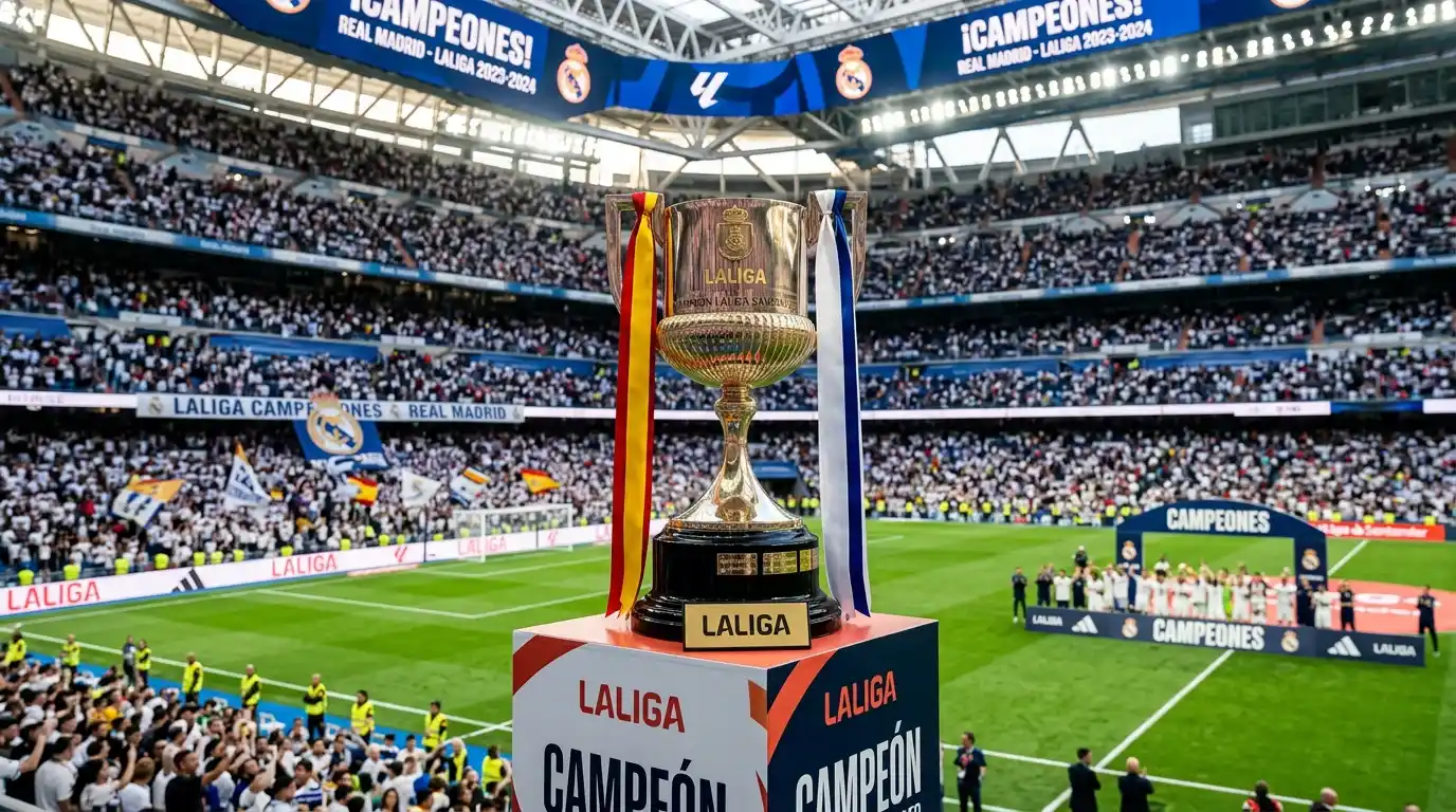 Trofeo de LaLiga junto a calendario representando apuestas a largo plazo de temporada
