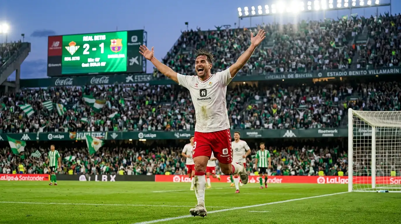 Delantero celebrando un gol en un estadio de LaLiga con aficionados y marcador electrónico de fondo