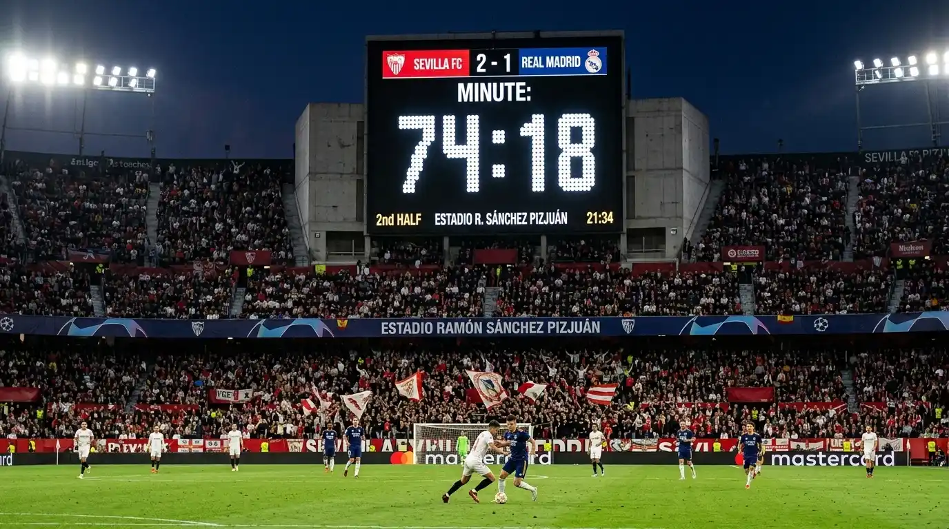 Reloj de estadio junto a campo de fútbol mostrando minuto de partido en LaLiga