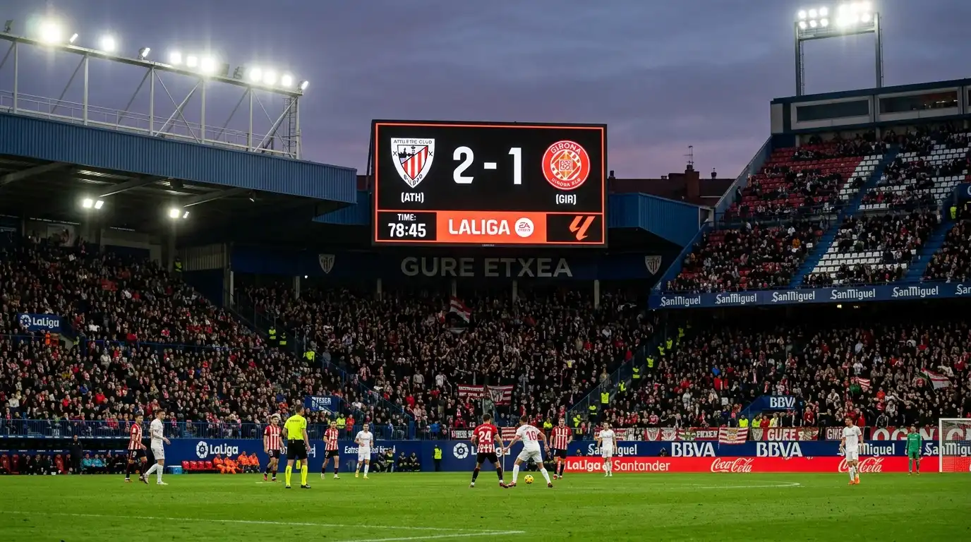 Marcador de partido de fútbol mostrando resultado exacto en estadio de LaLiga