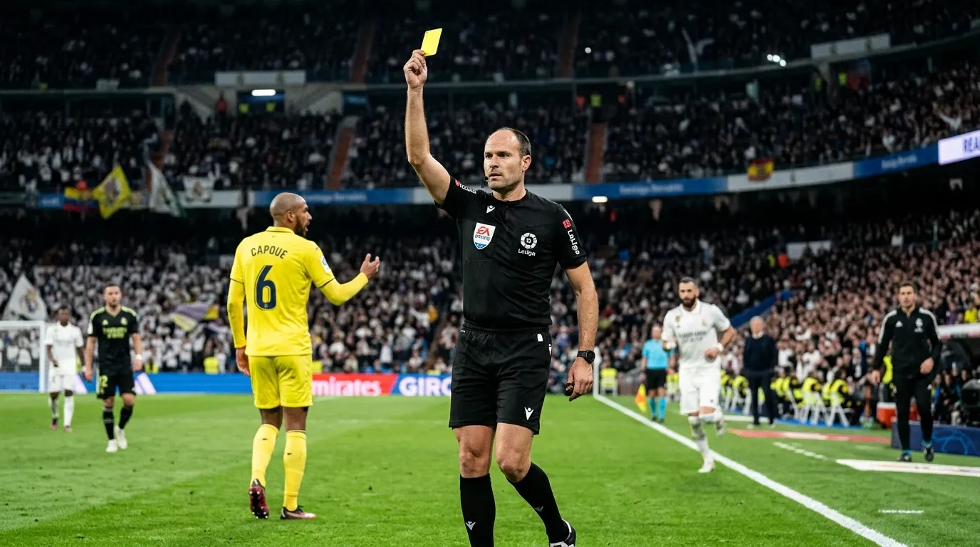 Árbitro de fútbol mostrando tarjeta amarilla a un jugador durante un partido de LaLiga en un estadio español