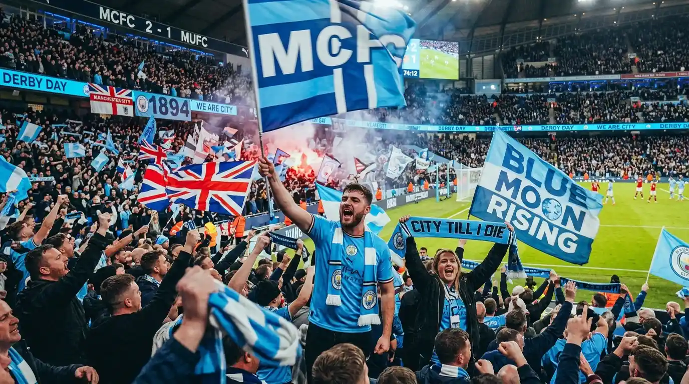 Aficionados en estadio durante derbi de LaLiga con banderas y ambiente