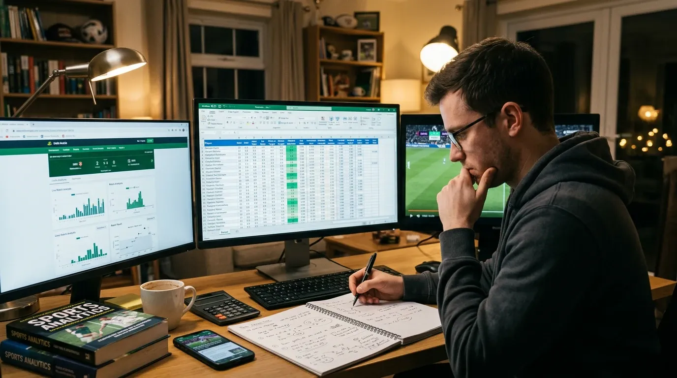 Persona analizando estadísticas de fútbol en pantalla para evitar errores en apuestas