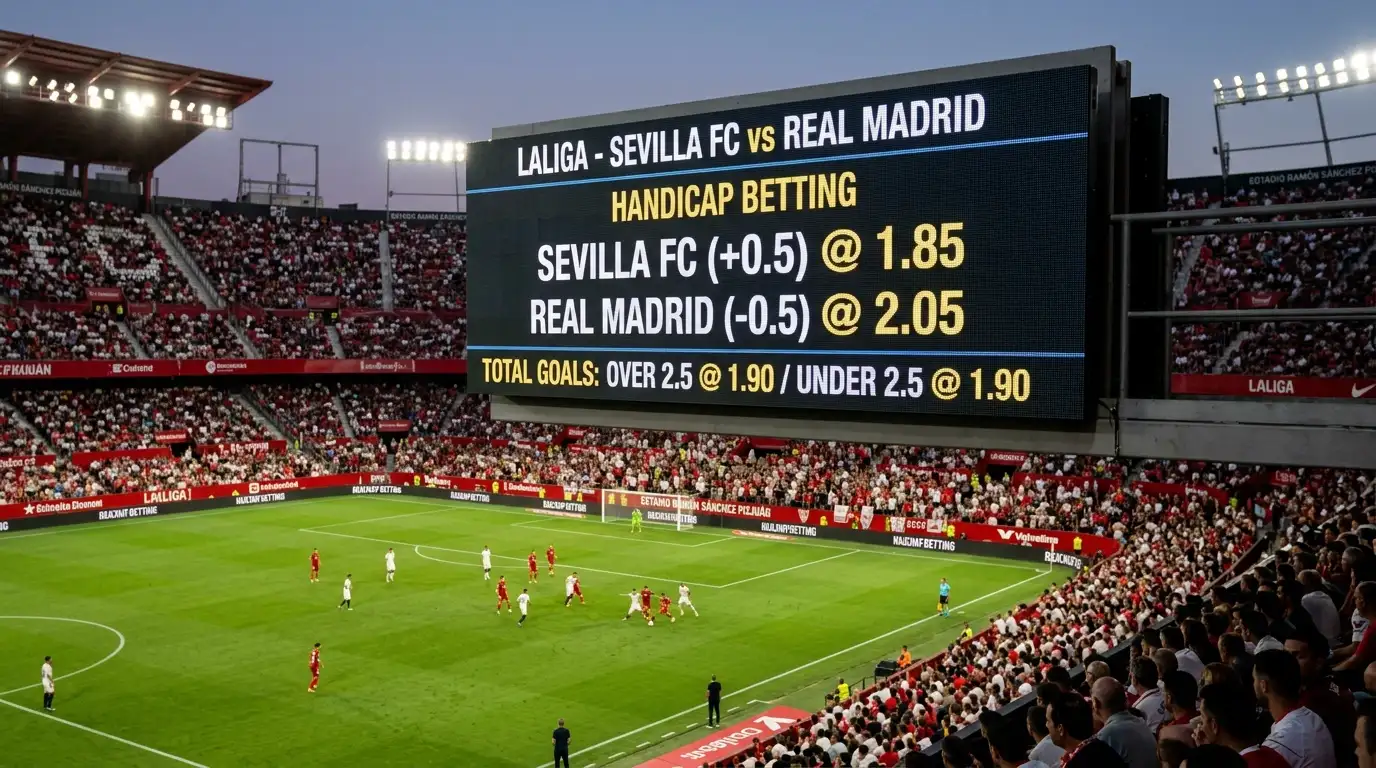 Partido de fútbol de LaLiga con marcador electrónico mostrando líneas de hándicap en un estadio español