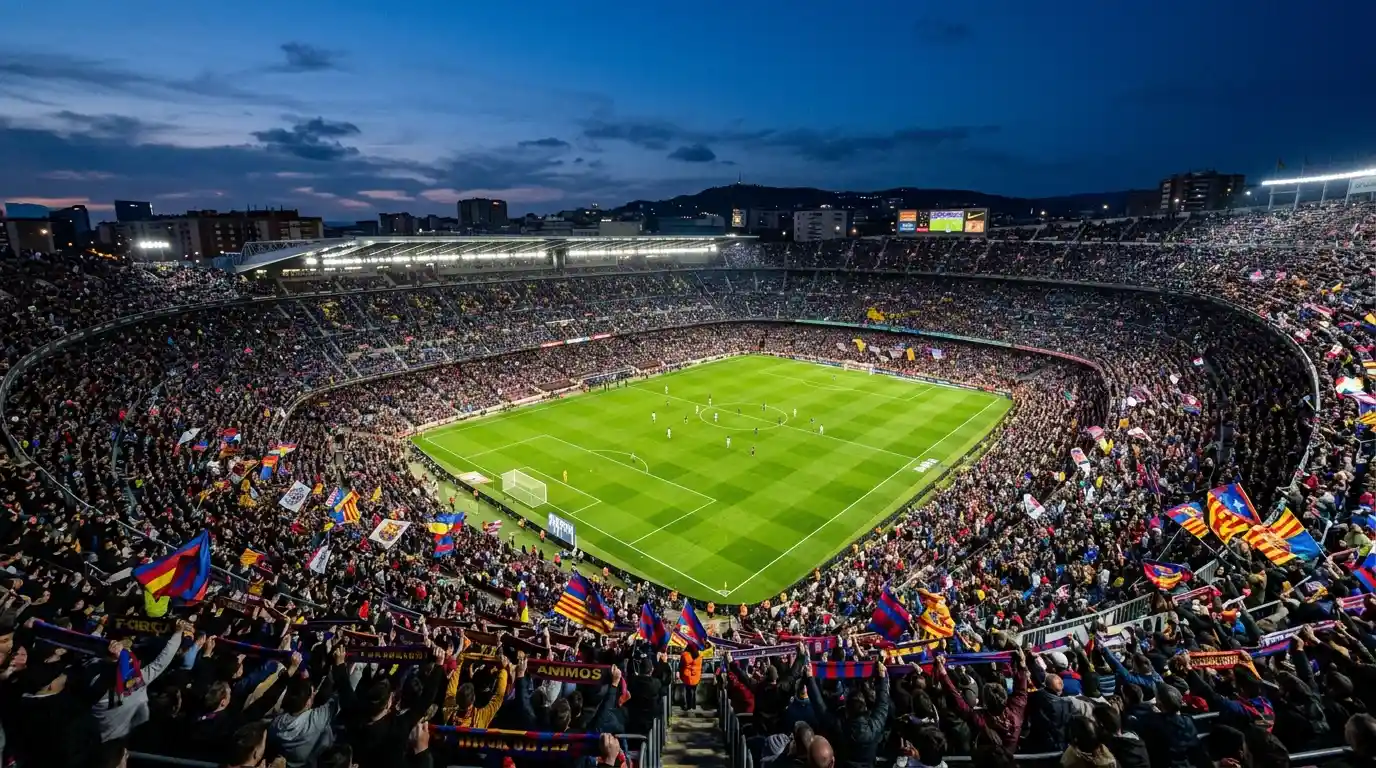 Estadio de fútbol español durante un partido de LaLiga con ambiente nocturno