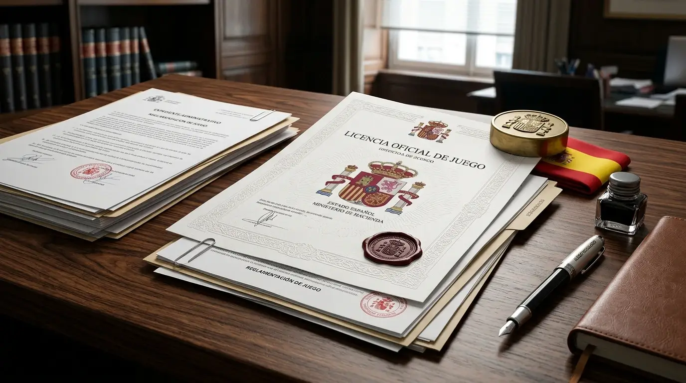 Sello oficial de licencia de juego de la DGOJ sobre documentos legales de operador de apuestas español