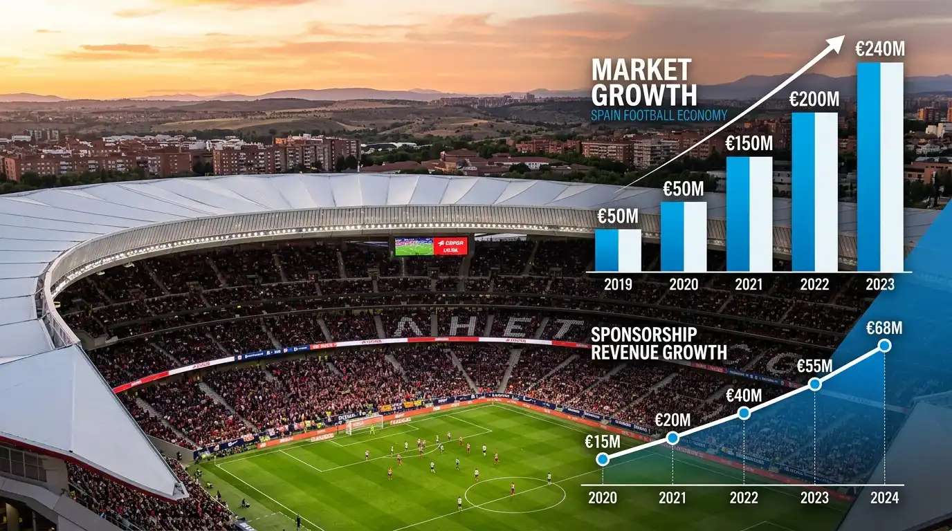 Gráfico de crecimiento del mercado de apuestas español con estadísticas DGOJ sobre fondo de estadio de fútbol