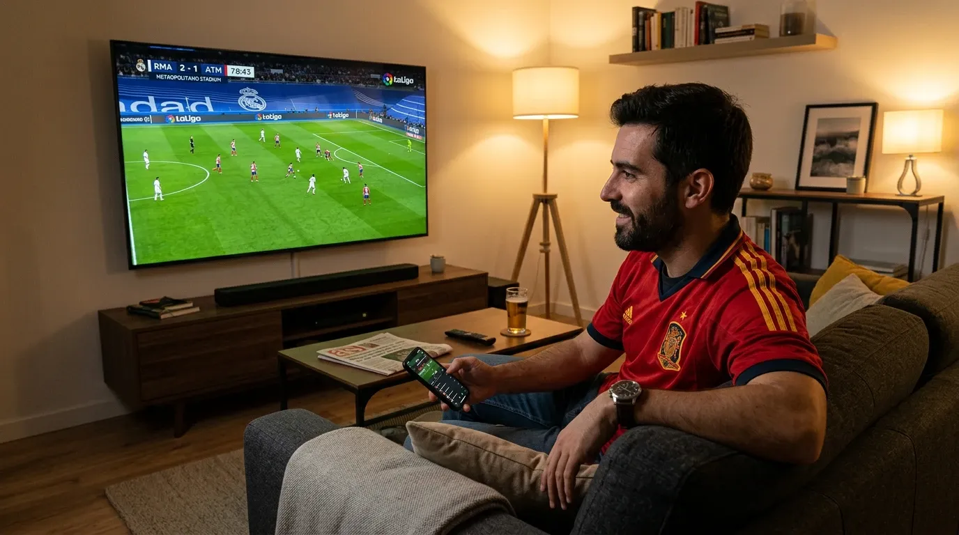 Perfil del apostador español de fútbol con smartphone viendo partido de LaLiga